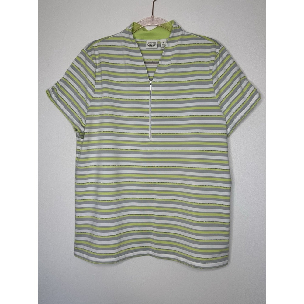 Chicos Zenergy Golf Polo Shirt Size XL‎ Metallic Stripe Green Gray